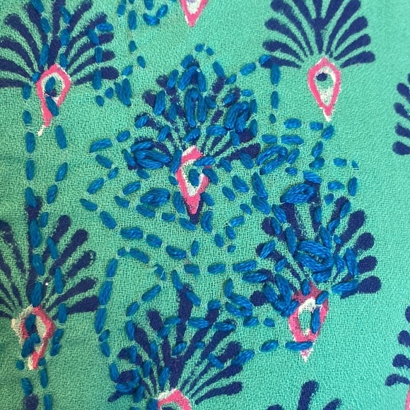 Roller Rabbit Cotton Dress L Block Print Turquoise Blue Tassel Tie Boho Beach - Picture 4 of 16